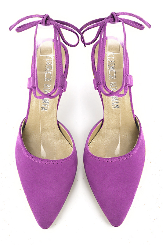 Mauve purple women's open back shoes, with crossed straps. Tapered toe. High comma heels. Top view - Florence KOOIJMAN